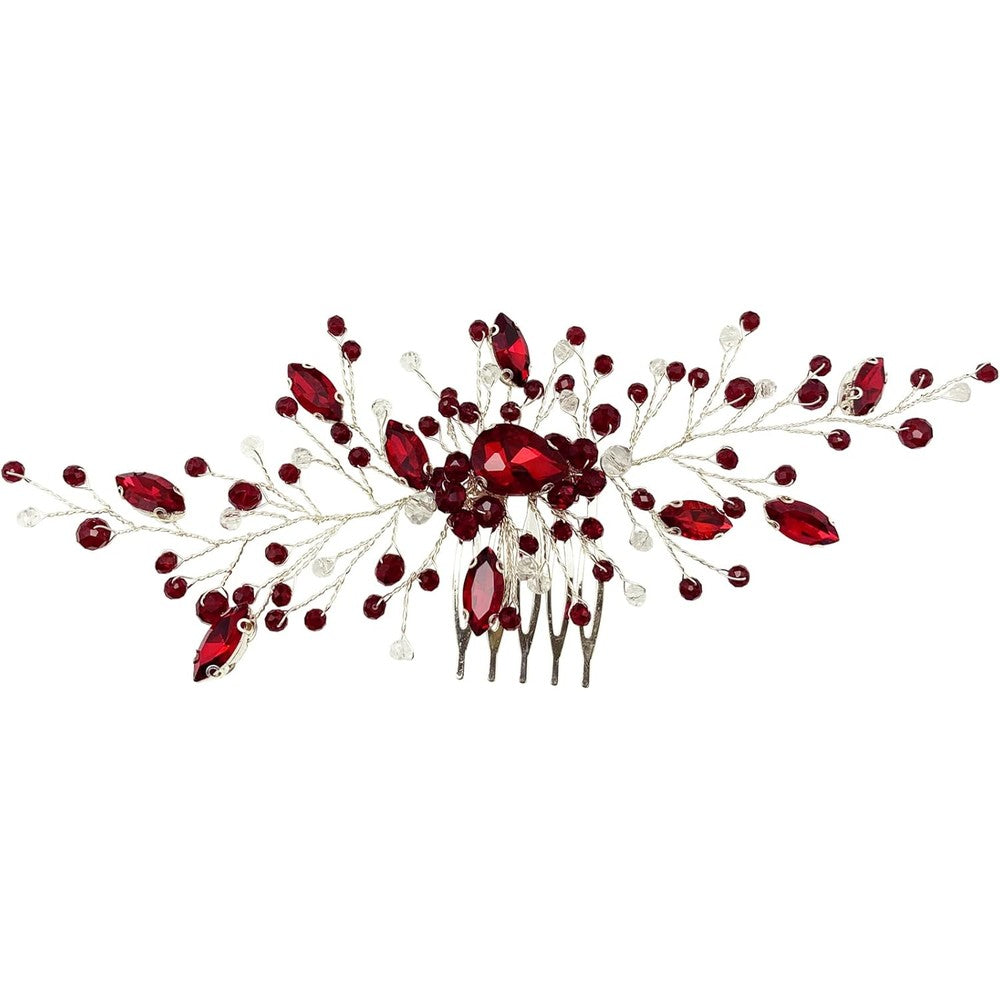 BETITETO bridal wedding hair comb front view featuring wine red crystals and silver vine