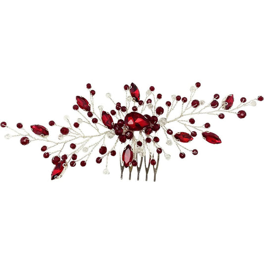 BETITETO bridal wedding hair comb front view featuring wine red crystals and silver vine