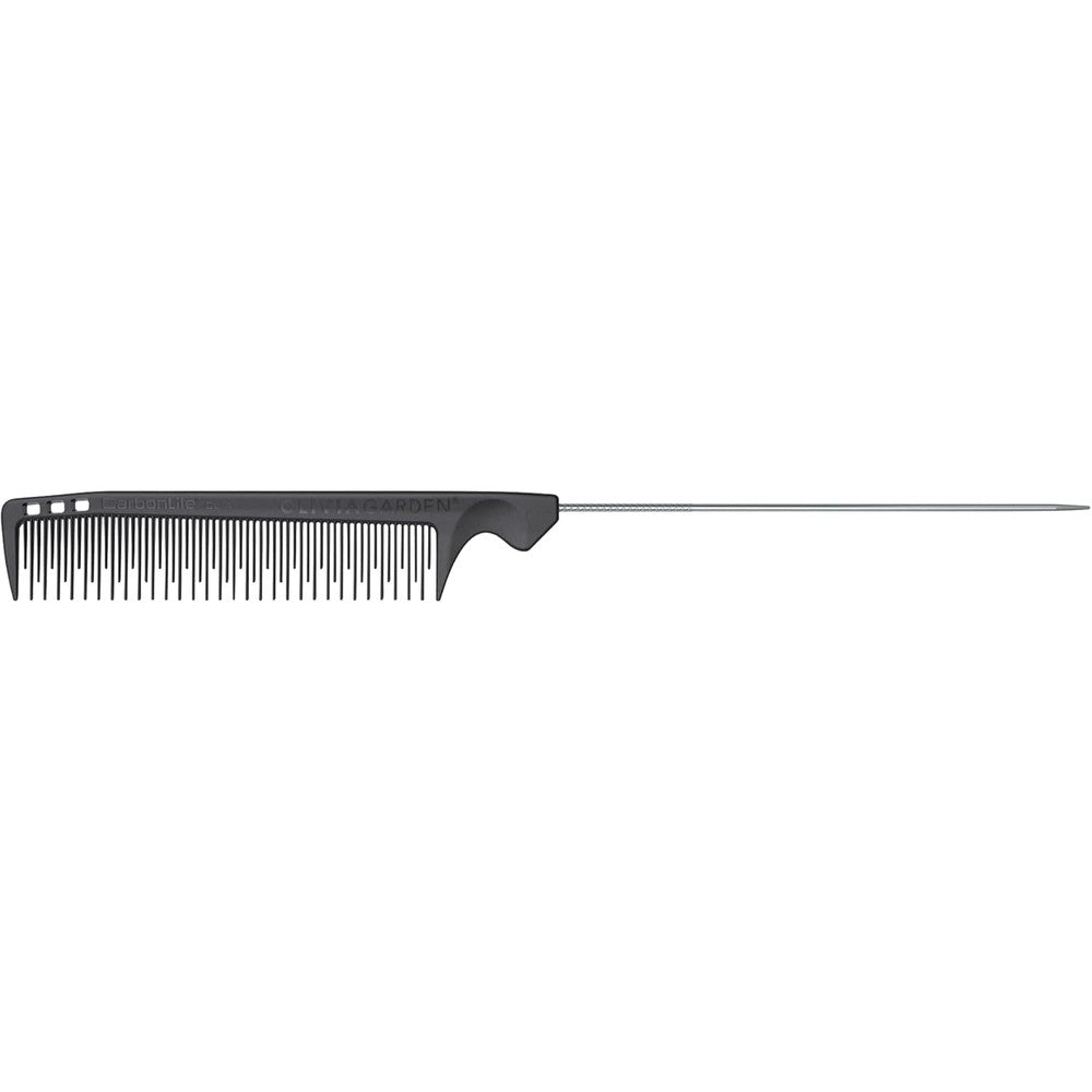 Olivia Garden CarbonLite metal tail teasing comb front view matte black styling tool