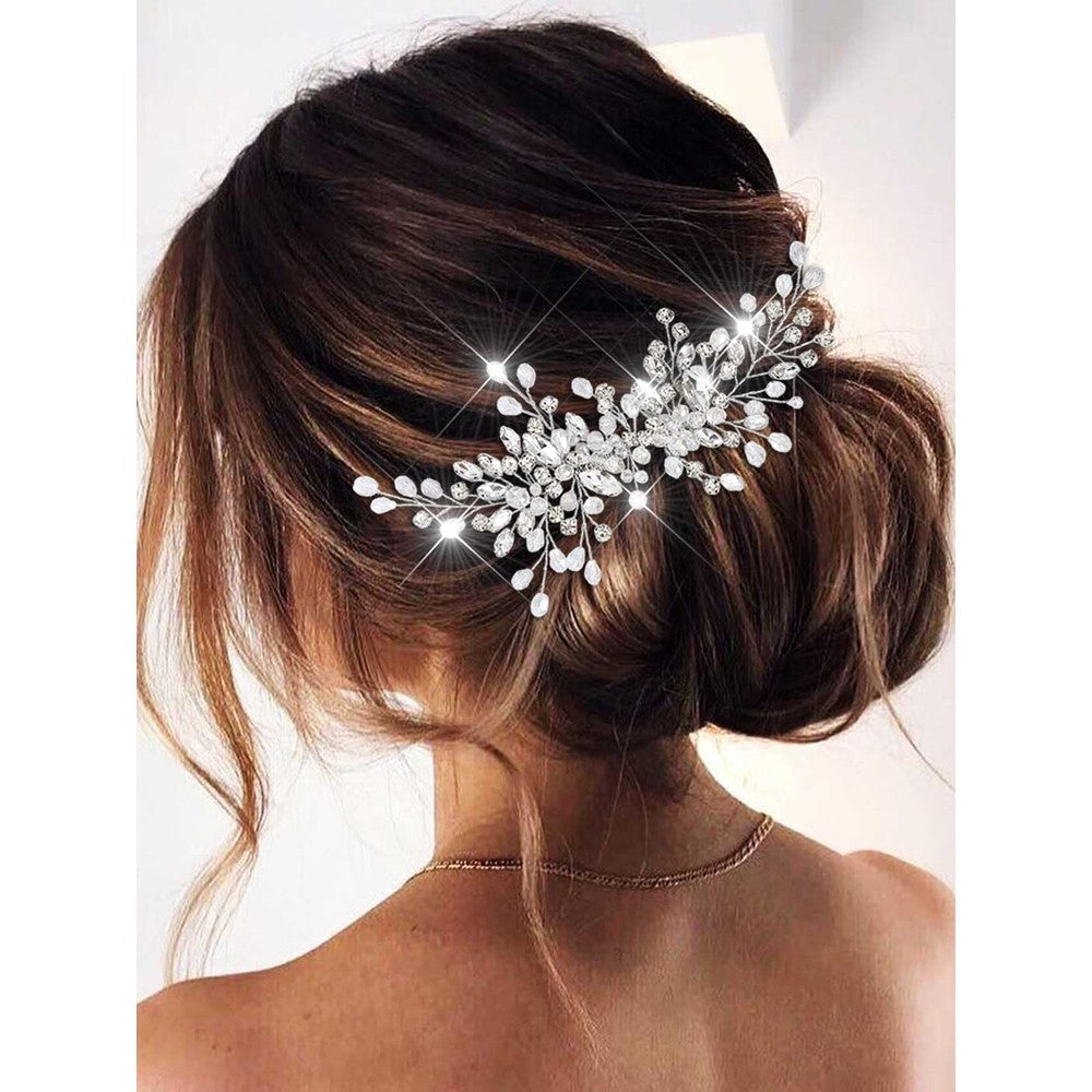 Catery rhinestones bridal hair comb front view silver wedding hair accessory
