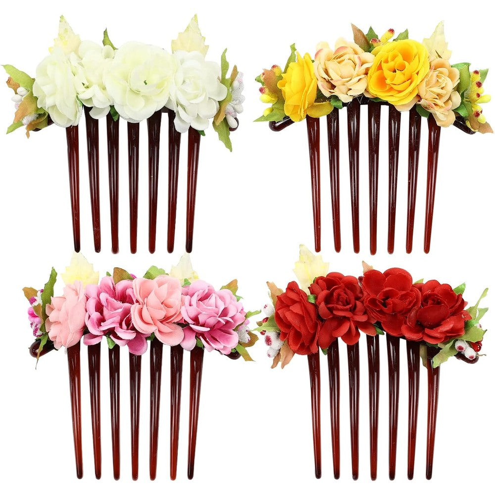 Cinaci artificial flower plastic hair side combs front view four pack set