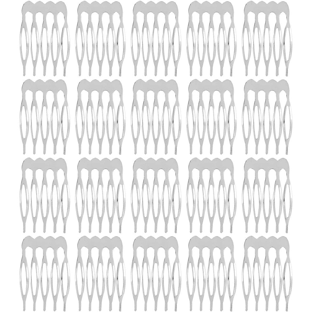 Lawie 20 Pack 5 Teeth Silver Metal Side Hair Combs front view showcasing blank crafting base