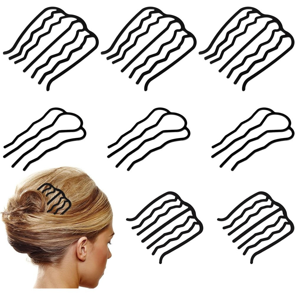 Besarme 8 Piece U Shape Hair Combs front view showcasing the complete set of black metal side combs.