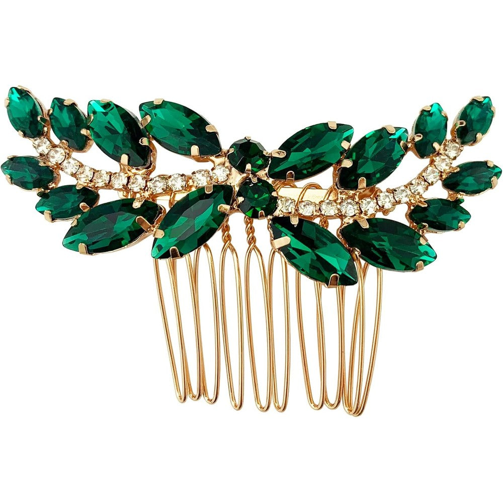BETITETO bridal hair comb front view showing emerald green crystals and gold leaf vine design