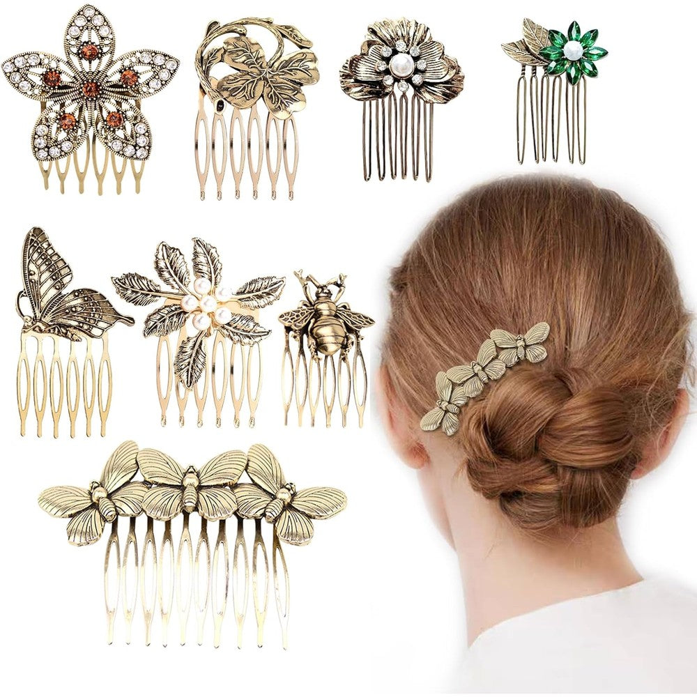 SYOSI INLAZYTIM vintage hair side combs front view showing retro gold butterfly and leaf designs