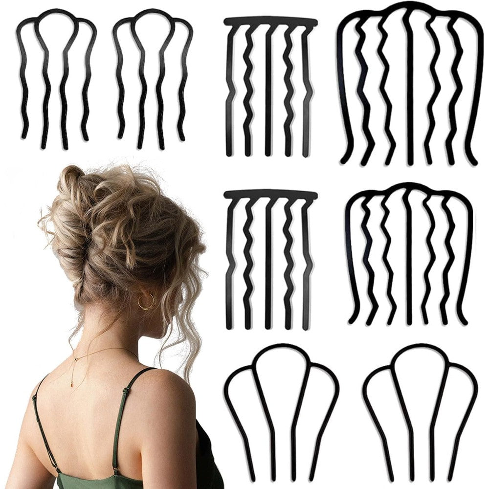 BOYIVI 8 piece hair side combs front view displaying assorted black metal U-shaped fork styles for vintage hair styling.