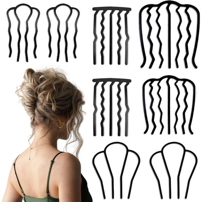 BOYIVI 8 piece hair side combs front view displaying assorted black metal U-shaped fork styles for vintage hair styling.