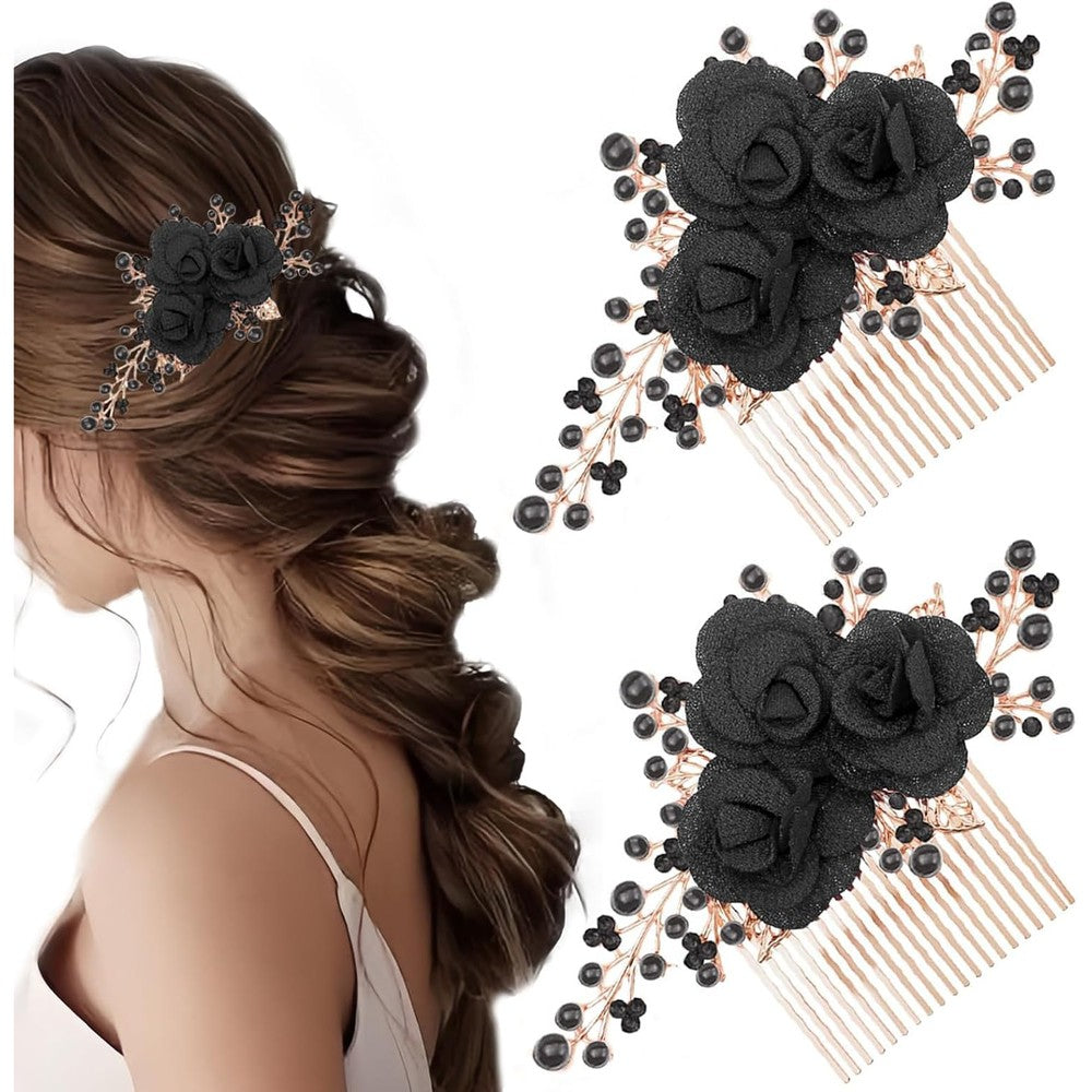 GeoGeoDIY black rose flower hair comb front view showcasing rhinestone bridal accessories