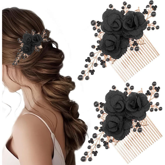 GeoGeoDIY black rose flower hair comb front view showcasing rhinestone bridal accessories