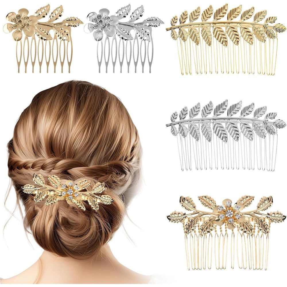 INLAZYTIM leaf hair combs front view showcasing gold and silver rhinestone bridal hair accessories.