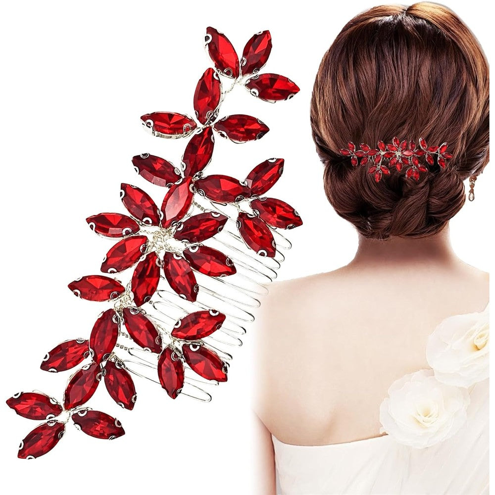 Arvintas red wedding crystal hair comb front view showing elegant leaf design