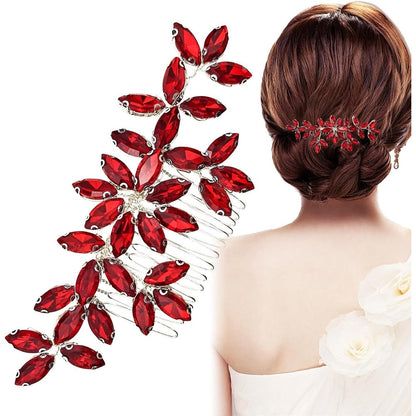 Arvintas red wedding crystal hair comb front view showing elegant leaf design
