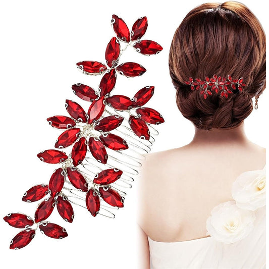 Arvintas red wedding crystal hair comb front view showing elegant leaf design