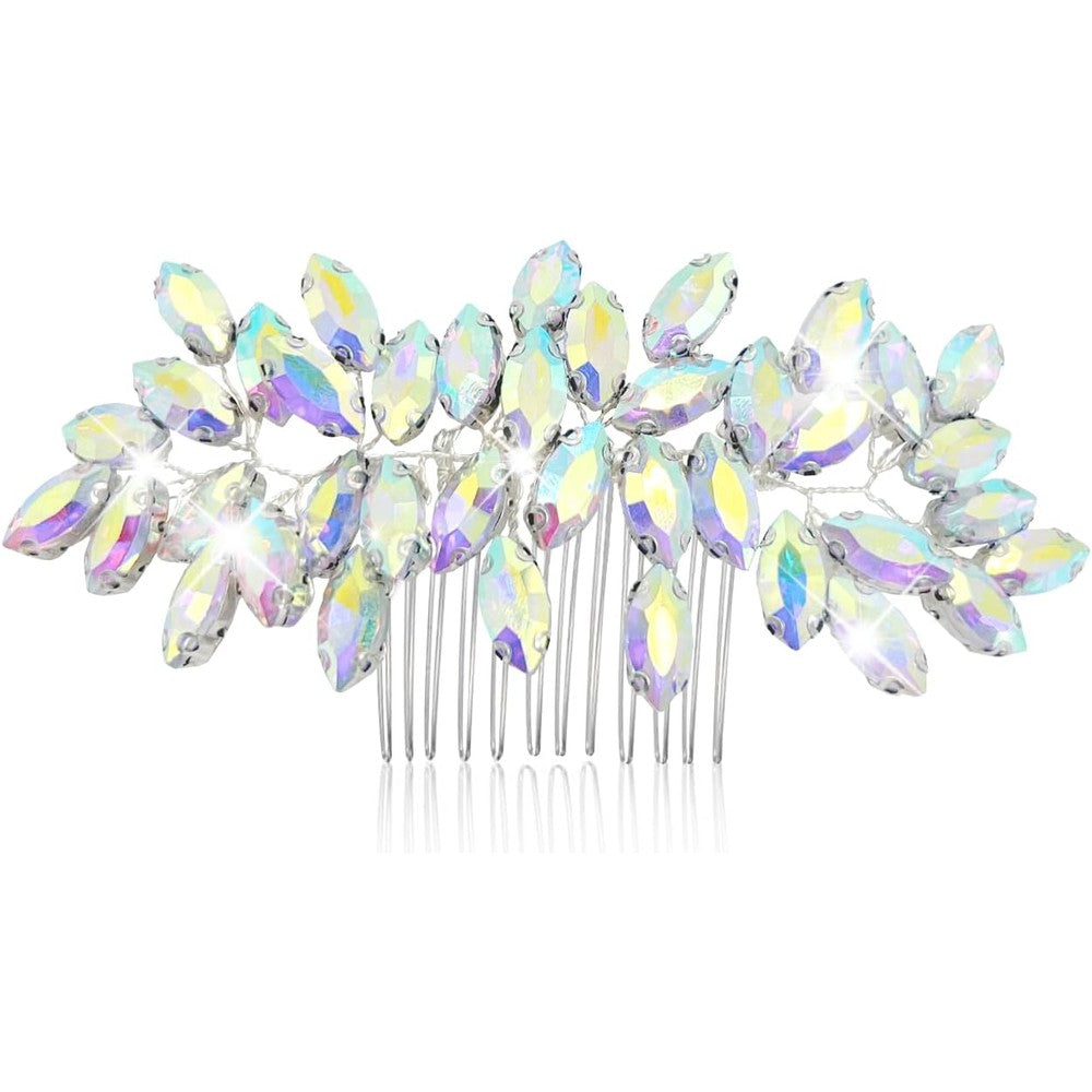 Generic Sparkling Rhinestone Hair Comb front view showing silver-tone leaf design