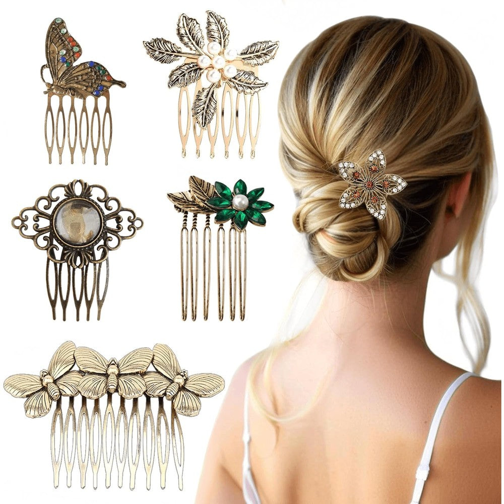 XINHONGJIN vintage hair side combs six pack front view featuring butterfly and pearl designs for bridal styling.