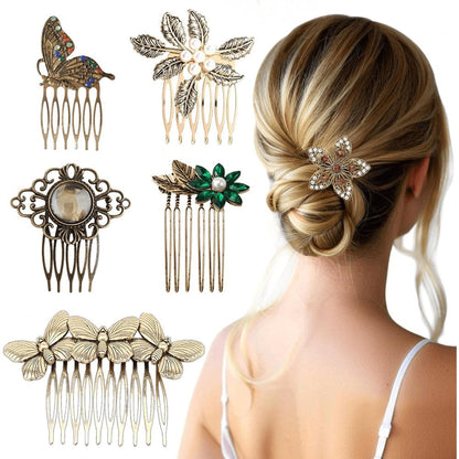 XINHONGJIN vintage hair side combs six pack front view featuring butterfly and pearl designs for bridal styling.
