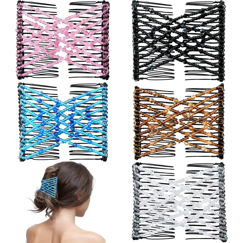 YOLLVKOT magic hair comb stretchy double comb front view showcasing the beaded elastic bands.