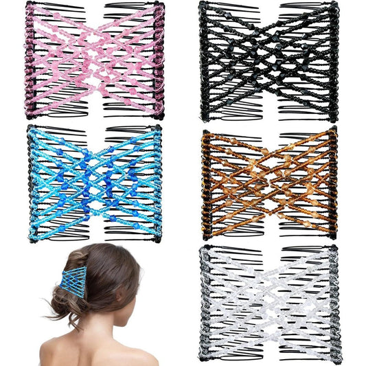YOLLVKOT magic hair comb stretchy double comb front view showcasing the beaded elastic bands.