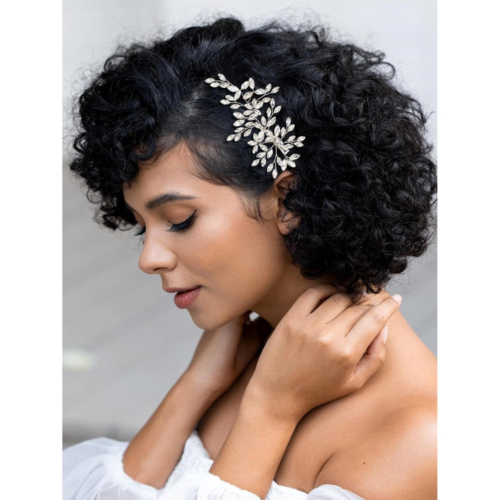 SWEETV rhinestone wedding hair comb front view showcasing silver leaf crystal design