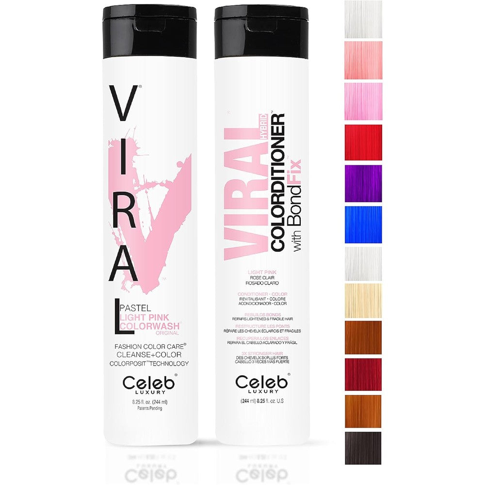 Celeb Luxury Viral Healthy Duo Pastel Light Pink front view professional color depositing shampoo and conditioner set.