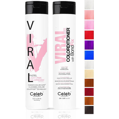 Celeb Luxury Viral Healthy Duo Pastel Light Pink front view professional color depositing shampoo and conditioner set.