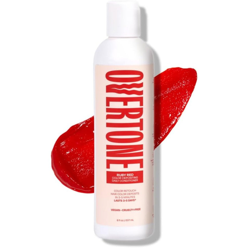 Overtone Ruby Red Daily Color Depositing Conditioner front view bottle for vibrant hair color