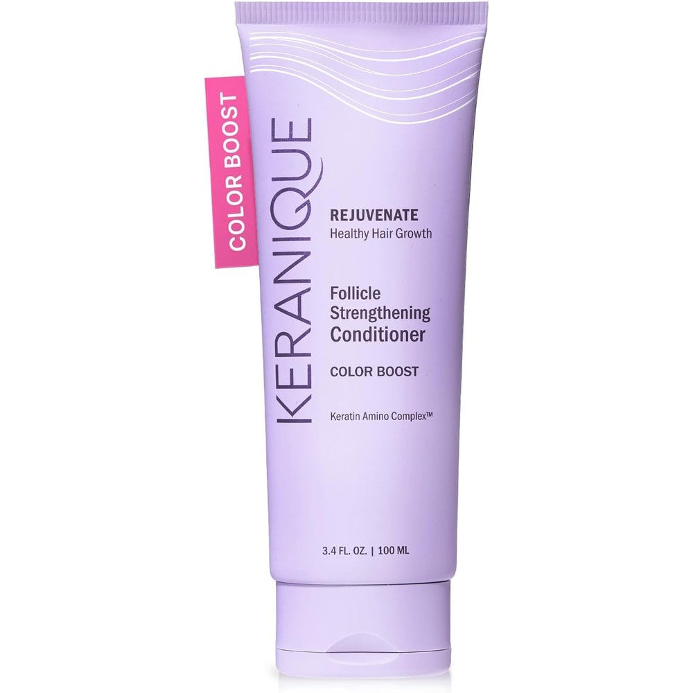 Keranique Color Boost Scalp Revitalizing Keratin Conditioner front view tube for thinning hair care.