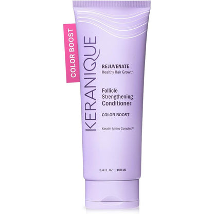 Keranique Color Boost Scalp Revitalizing Keratin Conditioner front view tube for thinning hair care.