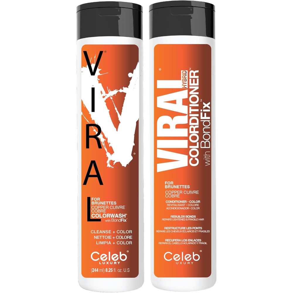 Celeb Luxury Viral Copper for Brunettes Hair Duo front view featuring color-depositing shampoo and conditioner bottles for salon-grade hair care.