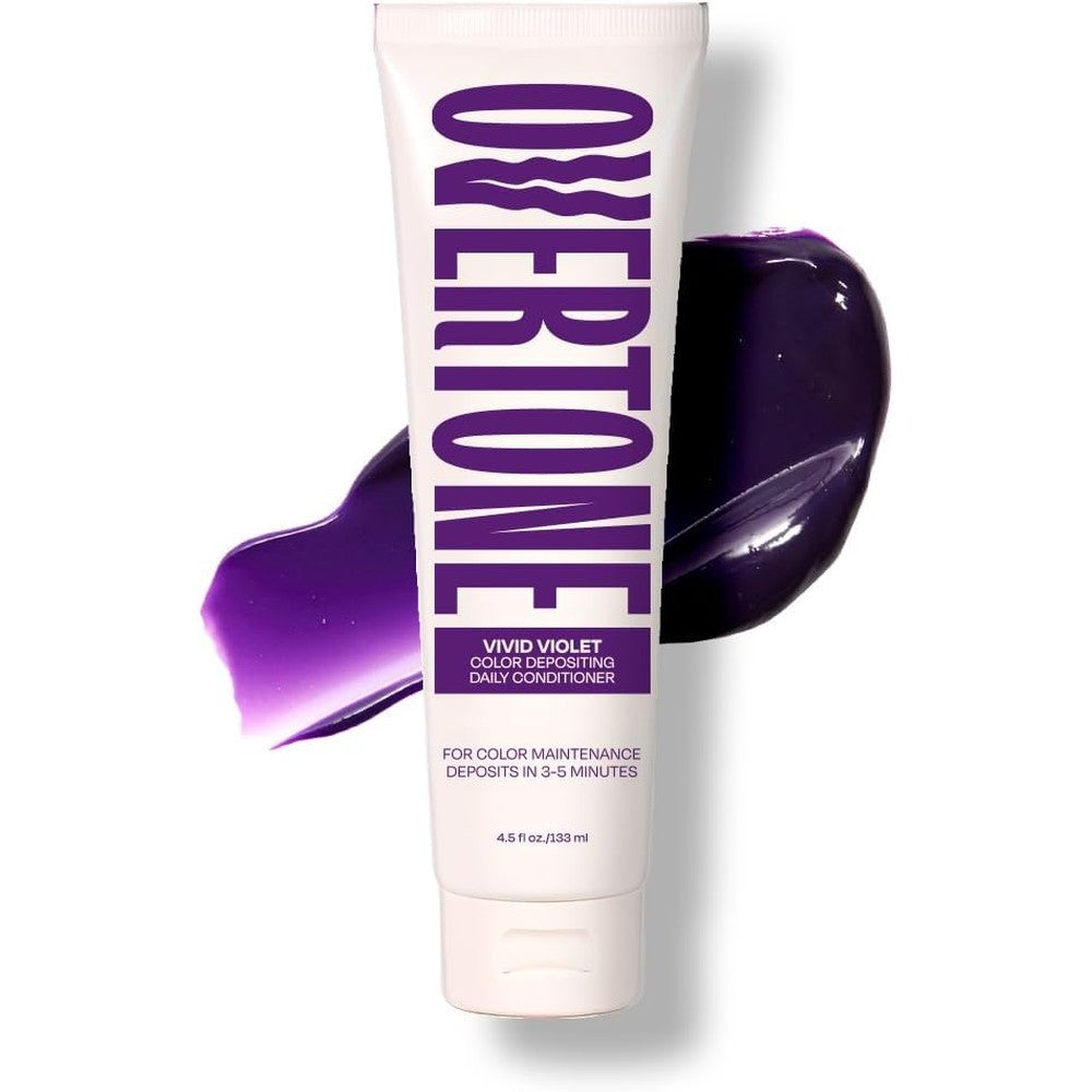 Overtone Daily Color Depositing Conditioner Vivid Violet front view of the four point five ounce tube for temporary purple hair color.