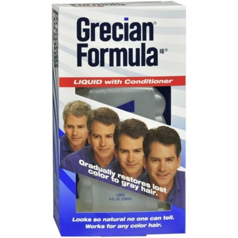 Grecian Plus Formula Hair Color Liquid with Conditioner front view showing the three pack bundle for gradual gray coverage.