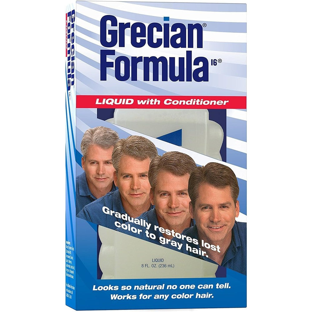 Grecian Plus Formula 16 Liquid Hair Color front view of the eight ounce bottle packaging for gradual gray coverage.