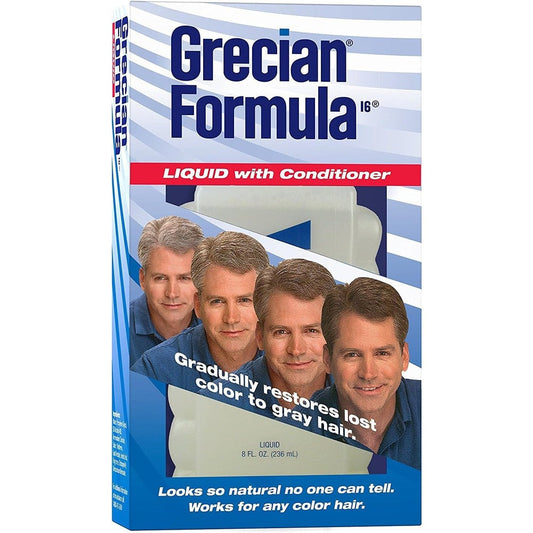 Grecian Plus Formula 16 Liquid Hair Color front view of the eight ounce bottle packaging for gradual gray coverage.