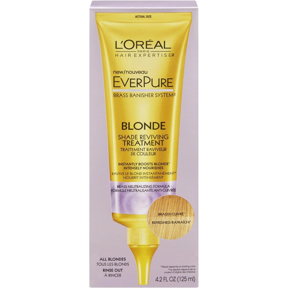 L'Oreal Paris Everpure Blonde Shade Reviving Treatment bottle front view for brass banishing hair care.