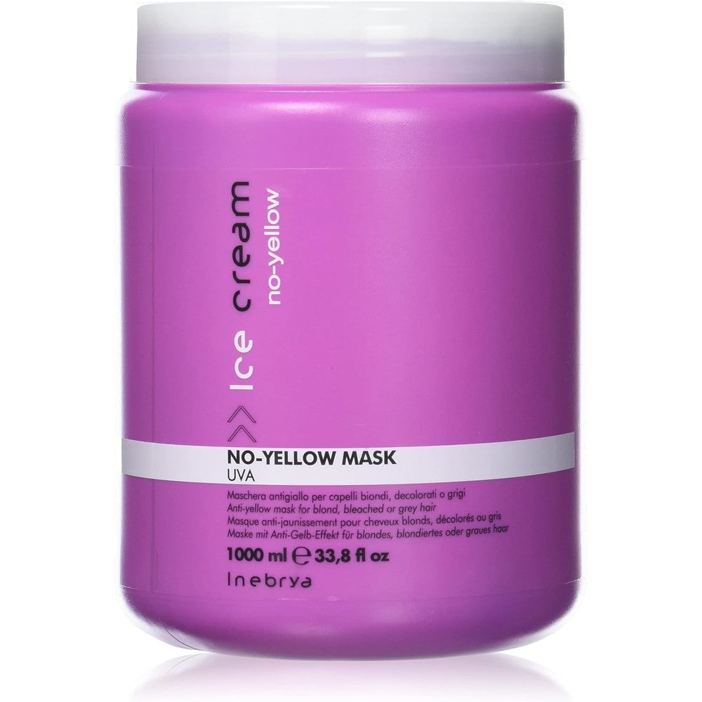 Inebrya Ice Cream No Yellow Mask 1000ml front view showing professional salon packaging for purple toning treatment.