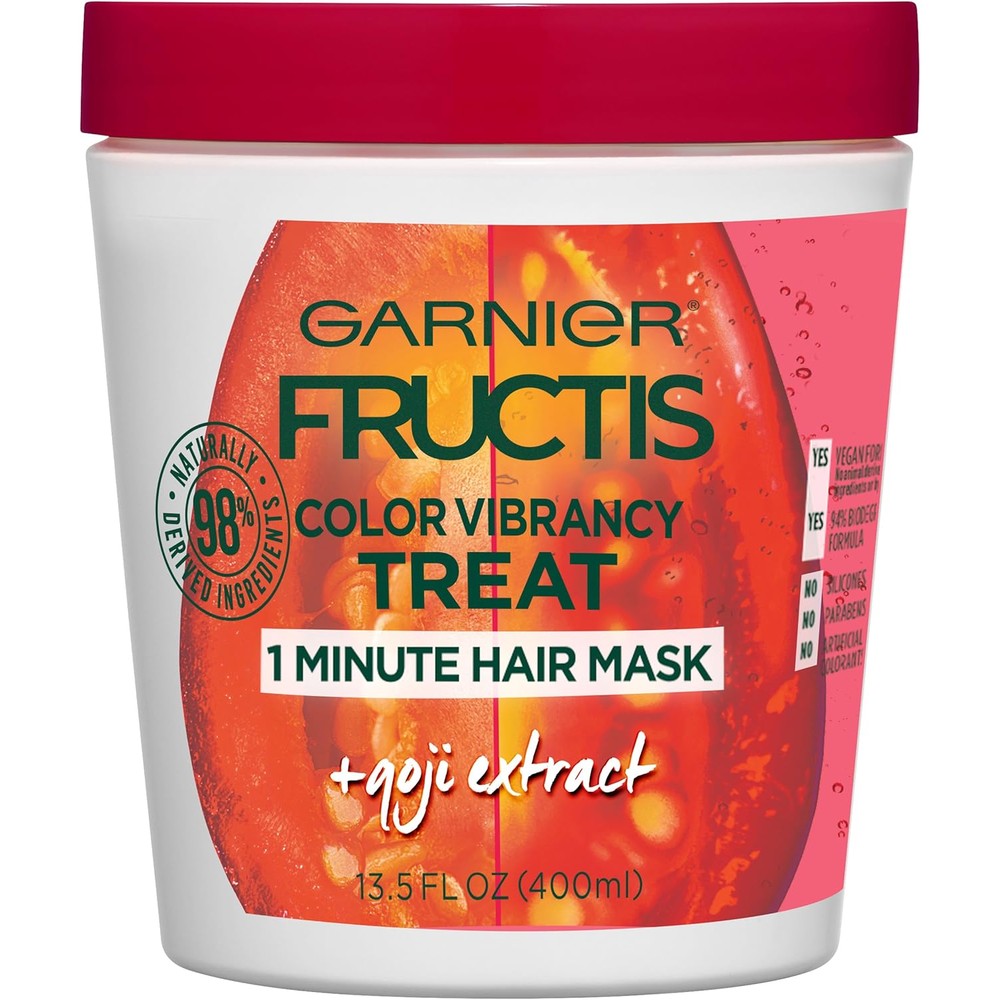 Garnier Fructis Color Vibrancy Treat 1 Minute Hair Mask front tub view for color-treated hair care
