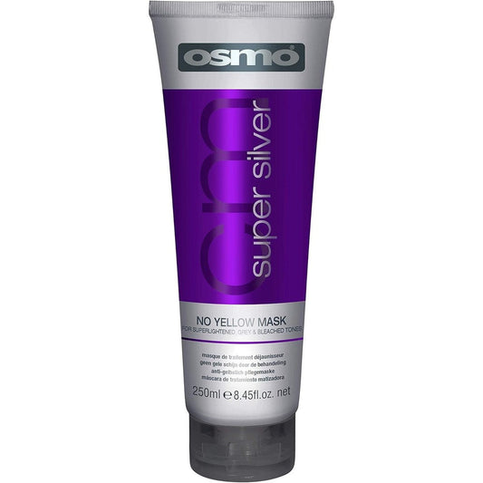 Osmo Super Silver No Yellow Mask 8.45 Fluid Ounce bottle front view professional purple toning treatment for blonde and grey hair