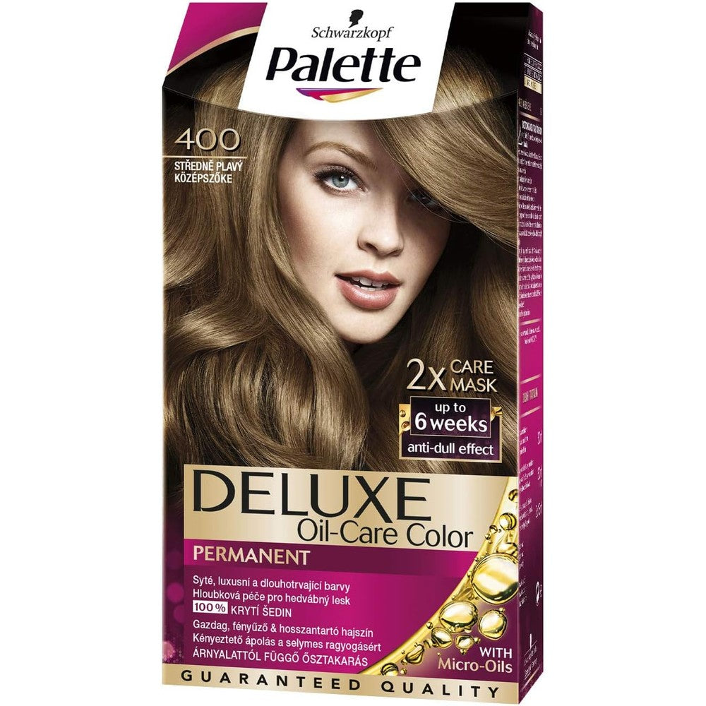 Schwarzkopf Palette Deluxe Color Creme Hair Oil 400 Medium Blond front view box packaging for permanent hair coloring