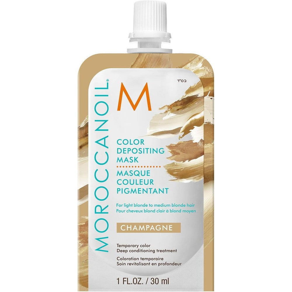 Moroccanoil Color Depositing Mask Packette Champagne 1 Fluid Ounce front view showing temporary hair color benefits.