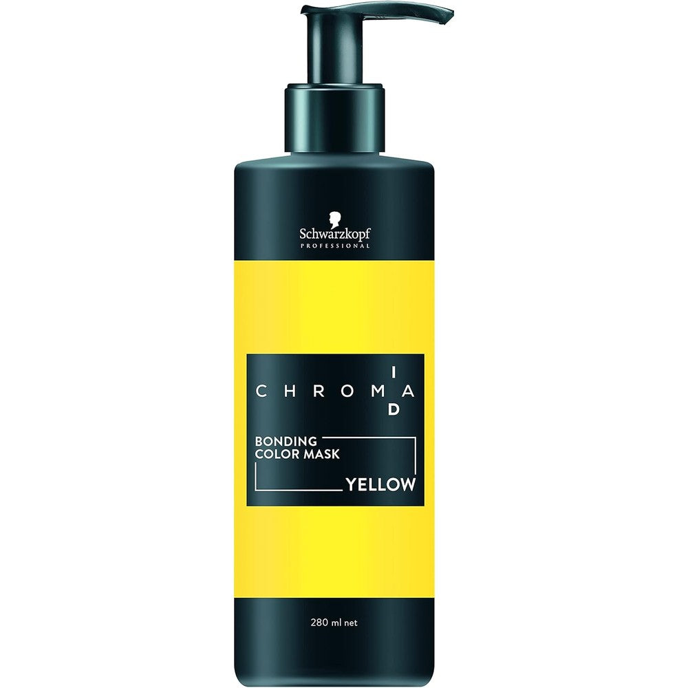 Schwarzkopf Professional ChromaID Bonding Color Mask Intense Yellow 280 Milliliters bottle front view showcasing semi permanent hair color packaging.