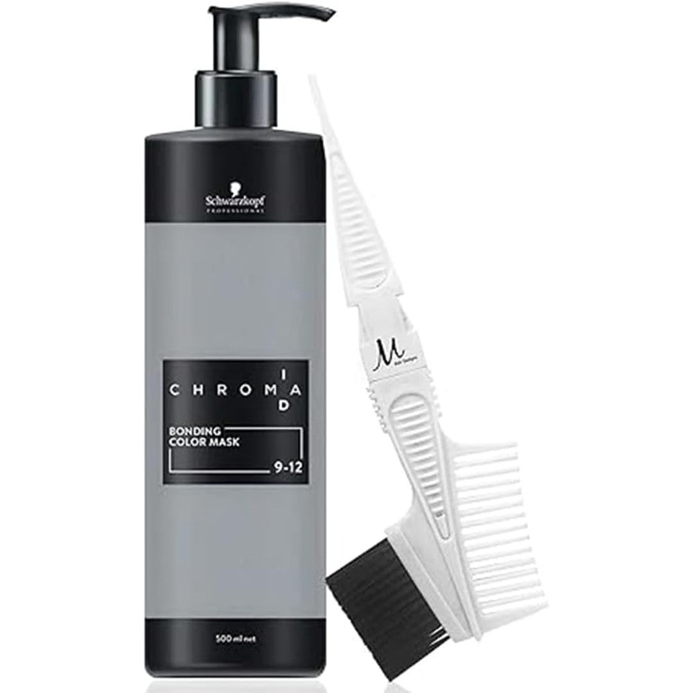 Schwarzkopf Professional Chroma ID Bonding Color Mask 9-12 pump bottle front view with M Hair Designs tint brush tool for professional hair toning at home.