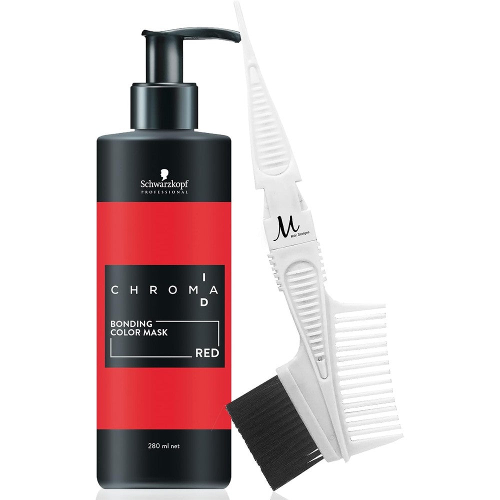 Schwarzkopf Professional Chroma ID Bonding Color Mask Red front view with application brush comb bundle