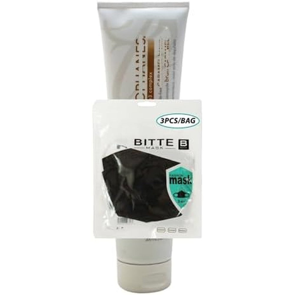 Cellophanes Caramel Brown Color Revitalizer bottle with black fashion masks front view