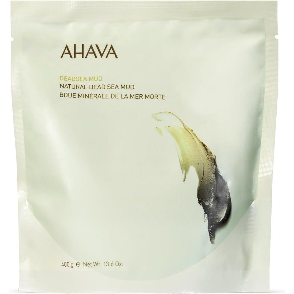 AHAVA Natural Dead Sea Mud for Body 400g pouch front view showing authentic imported mineral skincare packaging.