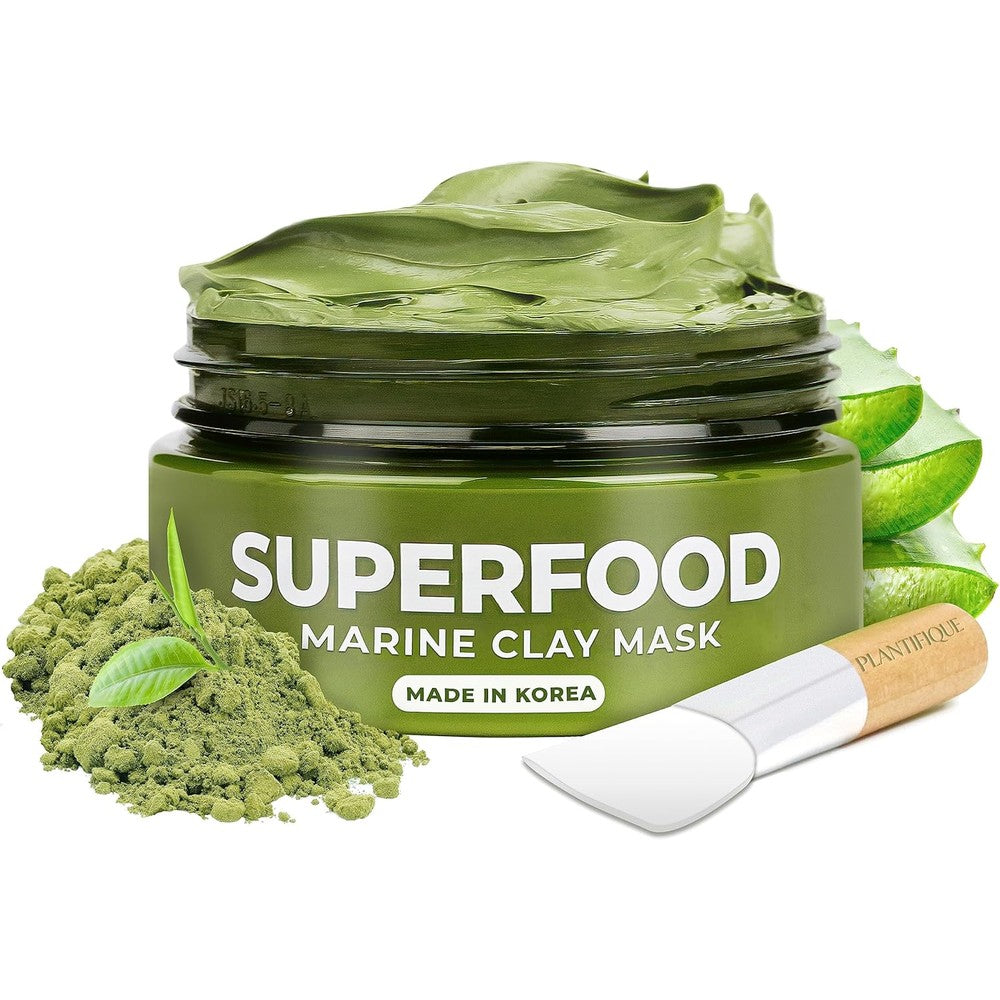 Plantifique Korean Skincare Superfood Marine Clay Mask front view of jar with applicator brush