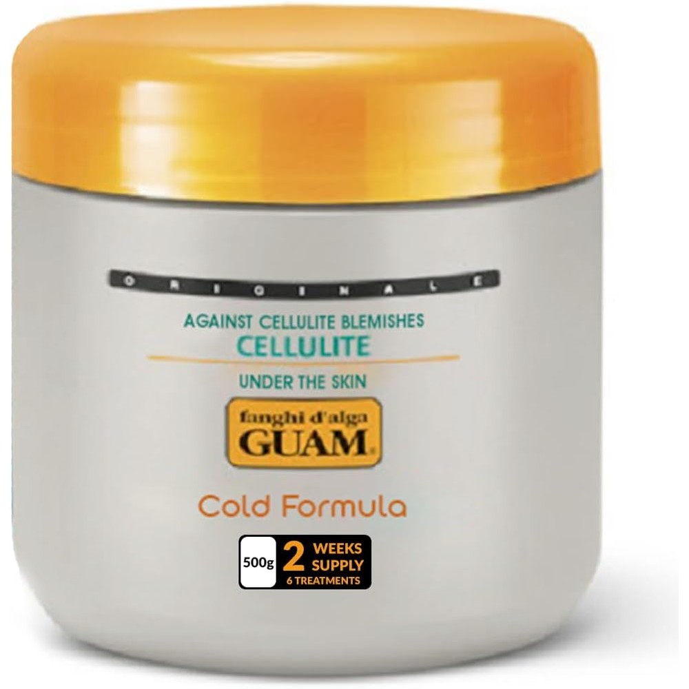 Guam Anti Cellulite Seaweed Mud Cold Formula 500g jar front view showing packaging details.