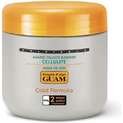 Guam Anti Cellulite Seaweed Mud Cold Formula 500g jar front view showing packaging details.