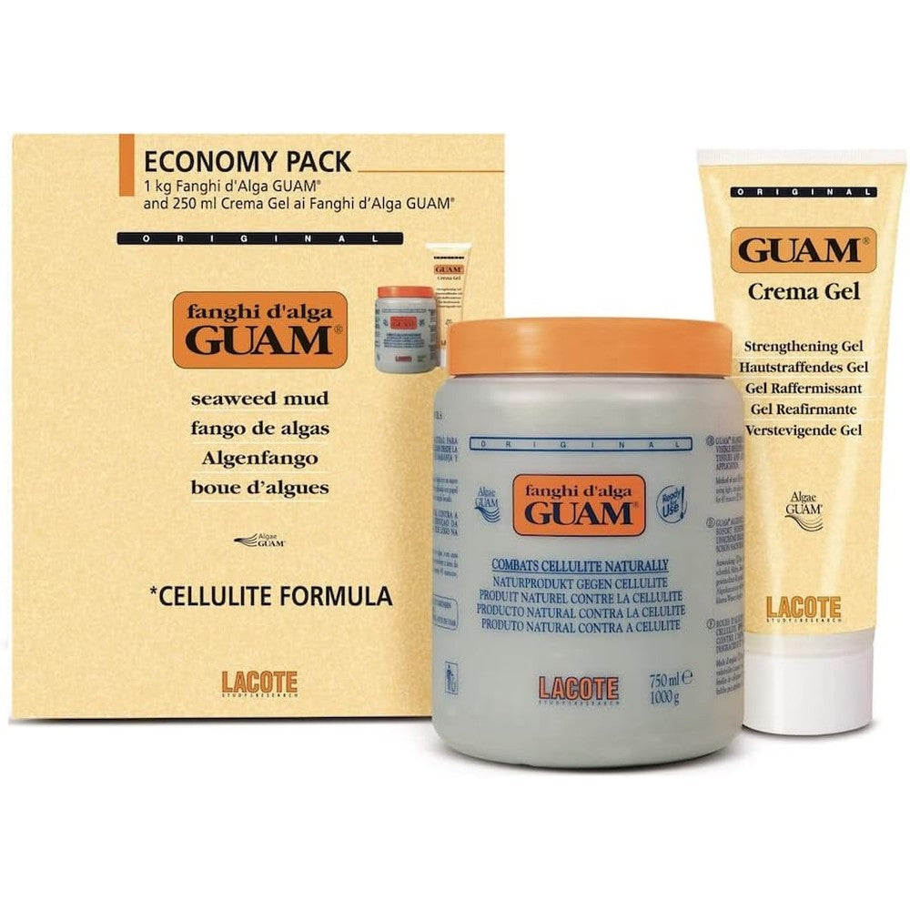 Guam Seaweed Mud Economy Pack front view showing 1kg tub and 250ml gel tube for anti-cellulite treatment