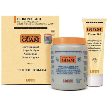 Guam Seaweed Mud Economy Pack front view showing 1kg tub and 250ml gel tube for anti-cellulite treatment