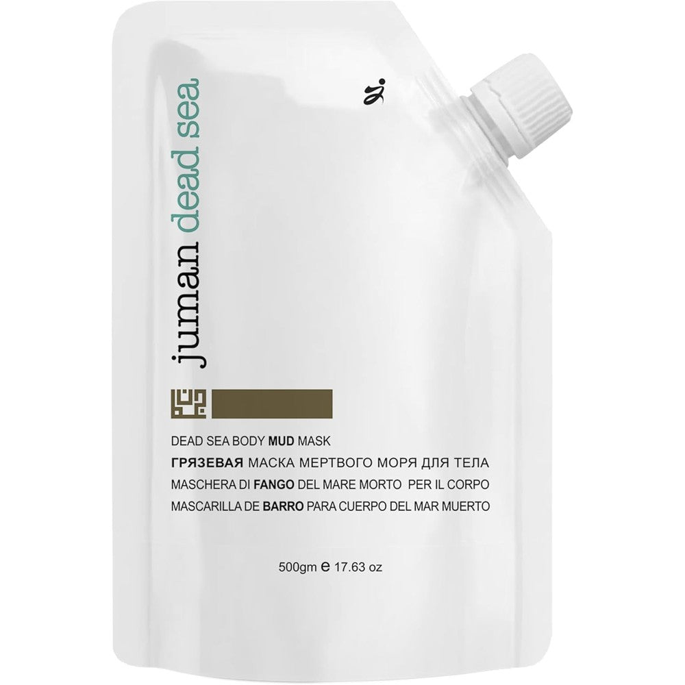 JUMAN Dead Sea Minerals Mud Mask 500g pouch front view showing product packaging and key benefits